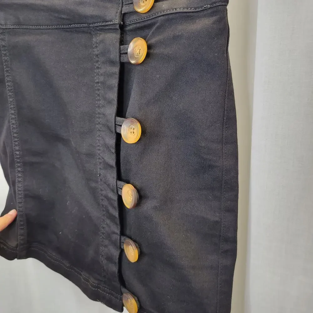 Free People Black Twill Off-Center Brown Button Mini Skirt, 0
